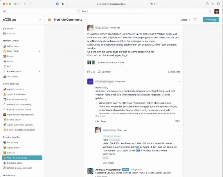 Screenshot of Q&A section of Mixed Agile Arts