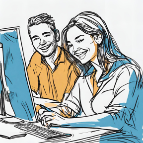Scribble of a man and woman sitting in front of a computer screen. Both are working and smiling.