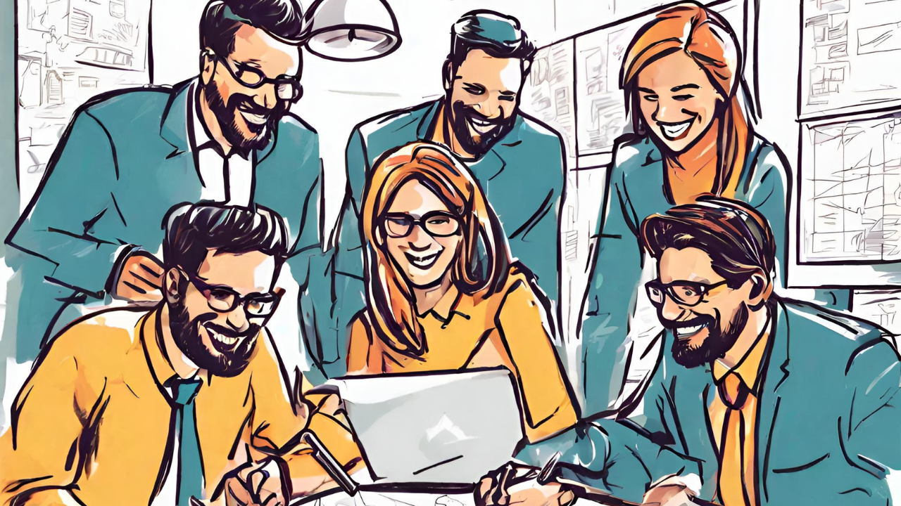 Scribble of a group of six people, two women, four men. Three sitting in the frong and three in the back. They're all looking at the laptop screen of one women who is sitting in front. They are similing. Looks as if they'r reading good news.